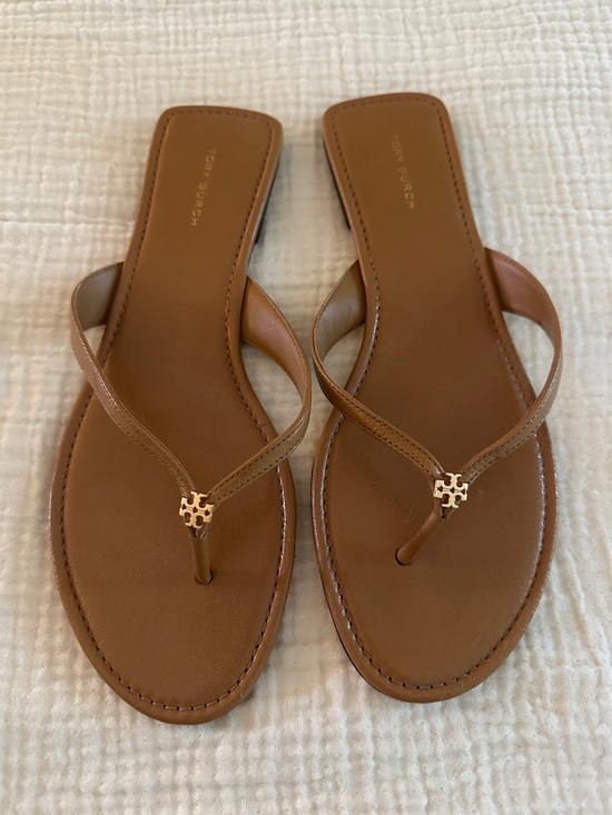 Tory Burch Shoes - Tory Burch Tan Leather Thong Sandals with Gold Logo